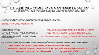 L3: ¿QUÉ (NO) COMES PARA MANTENER LA SALUD?
WHAT DO YOU EAT (OR NOT EAT) TO MAINTAIN GOOD HEALTH?
USEFUL EXPRESSIONS WHEN TALKING ABOUT HEALTH:
DEBES, HAY QUE, NECESITAS
DEBER (OUGHT TO) PARA SER SALUDABLE TÚ DEBES COMER LA FRUTA.
HAY QUE (YOU MUST DO SOMETHING) PARA SER SALUDABLE HAY QUE BEBER EL AGUA.
NECESITAR (TO NEED SOMETHING) PARA MANTENER BUEN SALUD TÚ NECESITAS COMER LA COMIDA SIN MUCHO AZÚCAR.
¿QUÉ DEBES COMER Y BEBER PARA ESTAR SANO? ¿QUÉ NO DEBES COMER Y BEBER PARA ESTAR SANO?
DEBES COMER LAS FRUTAS. DEBES BEBER LA AGUA PARA ESTAR SANO.
NO DEBES COMER LA COMIDA CON MUCHA AZÚCAR. NO DEBE BEBER MUCHOS REFRESCOS.
*YOU COULD ALSO SAY “YO DEBO COMER…” “YO NO DEBO BEBER…”
 