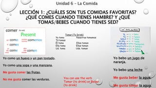 LECCIÓN 1: ¿CUÁLES SON TUS COMIDAS FAVORITAS?
¿QUÉ COMES CUANDO TIENES HAMBRE? Y ¿QUÉ
TOMAS/BEBES CUANDO TIENES SED?
Yo como un huevo y un pan tostado.
Yo como una sopa y una manzana.
Me gusta comer las frutas.
No me gusta comer las verduras.
Yo bebo un jugo de
naranja.
Yo bebo una leche
Me gusta beber la agua.
Me gusta tomar la agua.
You can use the verb
Tomar (to drink) or Beber
(to drink)
Tomar (To Drink)
Yo tomo Nosotros tomamos
Tú tomas
Él toma Ellos toman
Ella toma Ellas toman
Ud. toma Uds. toman
 