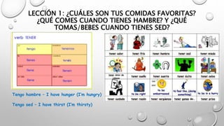 LECCIÓN 1: ¿CUÁLES SON TUS COMIDAS FAVORITAS?
¿QUÉ COMES CUANDO TIENES HAMBRE? Y ¿QUÉ
TOMAS/BEBES CUANDO TIENES SED?
Tengo hambre – I have hunger (I’m hungry)
Tengo sed – I have thirst (I’m thirsty)
 