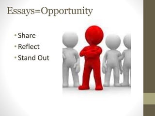 Essays=Opportunity
•Share
•Reflect
•Stand Out
 