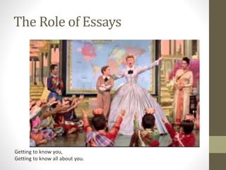 The Role of Essays
Getting to know you,
Getting to know all about you.
 