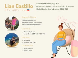 Lian Castillo
Currently
Release Engineer
Video Games (原神& ポケモンGO)
Research Student | 東京⼤学
Graduate Program in Sustainability Sciences -
Global Leadership Initiative (GPSS-GLI)
リアン カスティーリョ
Research Theme
ICT4Education for the
Implementation of Education for
Sustainable Development (ESD)
Learning
Shinobue
Nihongo 下⼿です:(
Occasionally
Paint (acrylic)
SCUBA Dive
 