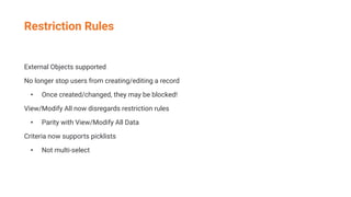 Restriction Rules
External Objects supported
No longer stop users from creating/editing a record
• Once created/changed, they may be blocked!
View/Modify All now disregards restriction rules
• Parity with View/Modify All Data
Criteria now supports picklists
• Not multi-select
 
