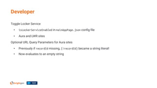 Toggle Locker Service
• isLockerServiceEnabled in mainAppPage.json conﬁg ﬁle
• Aura and LWR sites
Optional URL Query Parameters for Aura sites
• Previously if recordId missing, {!recordId} became a string literal!
• Now evaluates to an empty string
Developer
 