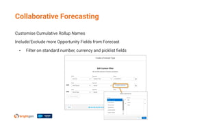 Customise Cumulative Rollup Names
Include/Exclude more Opportunity Fields from Forecast
• Filter on standard number, currency and picklist ﬁelds
Collaborative Forecasting
 