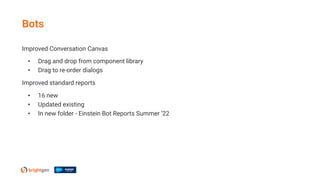 Improved Conversation Canvas
• Drag and drop from component library
• Drag to re-order dialogs
Improved standard reports
• 16 new
• Updated existing
• In new folder - Einstein Bot Reports Summer ’22
Bots
 