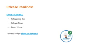 Release Readiness
sforce.co/3sPPMXj
• Release in a Box
• Release Notes
• Demo videos
Trailhead badge - sforce.co/3wAVHk4
 