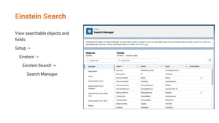 Einstein Search
View searchable objects and
ﬁelds
Setup ->
Einstein ->
Einstein Search ->
Search Manager
 