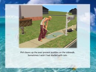 Phil cleans up the ever present puddles on the sidewalk.
Sometimes I wish I had started with cats.
 