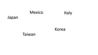 Japan
Mexico Italy
Taiwan
Korea
 