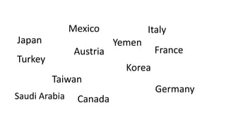 Japan
Mexico Italy
Taiwan
Korea
Germany
Canada
Austria France
Saudi Arabia
Yemen
Turkey
 