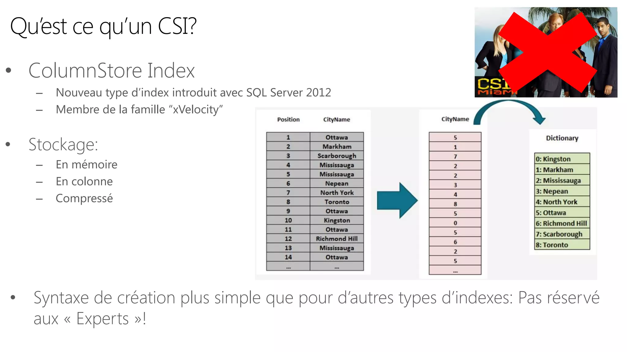 Qu’est ce qu’un CSI? 
•ColumnStoreIndex 
–Nouveau type d’index introduit avec SQL Server 2012 
–Membre de la famille “xVelocity” 
•Stockage: 
–En mémoire 
–En colonne 
–Compressé 
•Syntaxe de création plus simple que pour d’autres types d’indexes: Pas réservé aux «Experts»!  