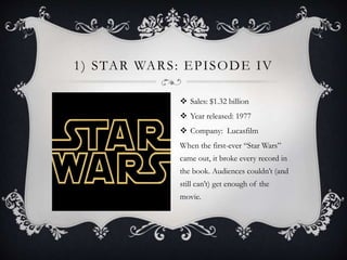 1) STAR WARS: EPISODE IV
 Sales: $1.32 billion
 Year released: 1977
 Company: Lucasfilm
When the first-ever “Star Wars”
came out, it broke every record in
the book. Audiences couldn’t (and
still can’t) get enough of the
movie.
 