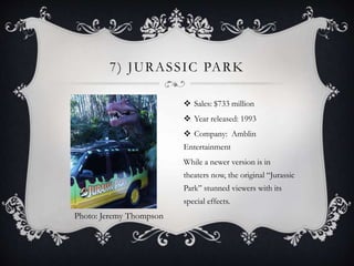 7) JURASSIC PARK
 Sales: $733 million
 Year released: 1993
 Company: Amblin
Entertainment
While a newer version is in
theaters now, the original “Jurassic
Park” stunned viewers with its
special effects.
Photo: Jeremy Thompson
 