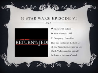5) STAR WARS: EPISODE VI
 Sales: $755 million
 Year released: 1983
 Company: Lucasfilm
This was the last in the first set
of Star Wars films, where we see
Darth Vader sacrifice himself
for Luke at the movie’s end.
 