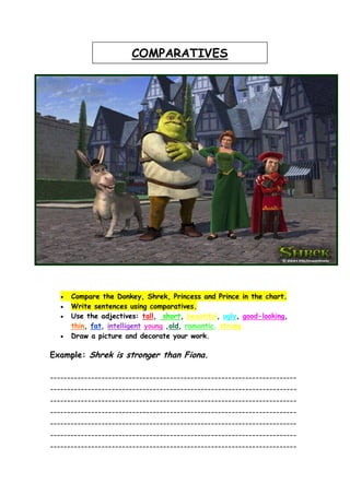 COMPARATIVES




      Compare the Donkey, Shrek, Princess and Prince in the chart.
      Write sentences using comparatives.
      Use the adjectives: tall, short, beautiful, ugly, good-looking,
       thin, fat, intelligent young ,old, romantic, strong
      Draw a picture and decorate your work.

Example: Shrek is stronger than Fiona.

------------------------------------------------------------------------
------------------------------------------------------------------------
------------------------------------------------------------------------
------------------------------------------------------------------------
------------------------------------------------------------------------
------------------------------------------------------------------------
------------------------------------------------------------------------
 