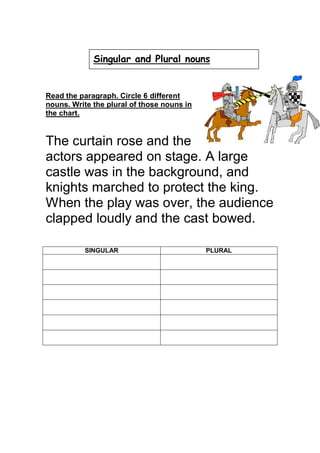 Singular and Plural nouns


Read the paragraph. Circle 6 different
nouns. Write the plural of those nouns in
the chart.


The curtain rose and the
actors appeared on stage. A large
castle was in the background, and
knights marched to protect the king.
When the play was over, the audience
clapped loudly and the cast bowed.

          SINGULAR                          PLURAL
 