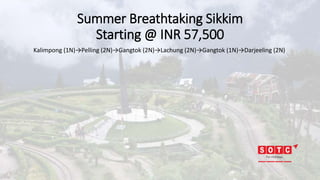 Summer Breathtaking Sikkim
Starting @ INR 57,500
Kalimpong (1N)→Pelling (2N)→Gangtok (2N)→Lachung (2N)→Gangtok (1N)→Darjeeling (2N)
 