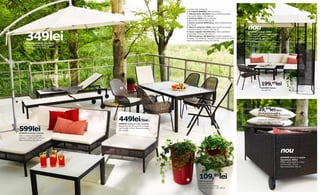 PAGIN A DIN S TÂ N G A:
                                                                                           1–5. Familia AMMERÖ Maro închis/bej
                                                                                           1. Măsuță cafea 199,95lei Oțel și sticlă securizată.
                                                                                           L70×Lat70, H40cm. 101.955.68
                                                                                           2. Șezlong 499lei Oțel și poliester.
                                                                                           L200×Lat70, H33cm. 201.746.26
                                                                                           3. Scaun cu pernă 299lei/buc. Oțel și polipropilenă.


                                                                                                                                                     nou
                                                                                           801.746.28
                                                                                           4. Masă cu extensie 799lei Oțel și sticlă securizată.
                                                                                           L160/230×Lat100, H73cm. 401.746.25




       349lei
                                                                                           5. Scaun reglabil 199,95lei/buc. Oțel și poliester.       AMMERÖ pavilion 799lei
                                                                                           Lat56×A66, H110cm. 801.523.77                             Oțel, plastic polietilenic și poliester.
                                                                                           6. ÖSTLIG ghiveci 89,95lei/buc. Plastic polietilenic.     L300×Lat300, H260cm.
                                                                                           Designer: Ola Wihlborg. Diametru interior Ø32cm, H50cm.   Maro închis/bej 601.988.47
                                                                                           Roșu închis/albastru închis 901.766.55
       KARLSÖ parasolar suspendat
       Oțel și poliester. Ø300, H260cm.
       Culori asortate 201.633.74




                                              2




                                                                                                                                                                     199,95lei
                                                    3                                                                                                                AMMERÖ fotoliu
                                                                                                         4                                                           301.604.74

                                                                                                                                  5




                                                                                                                                                                 39,99lei/buc.
                                                                                                                                                                 HÅLLÖ pernă decorativă
                                                                                                                                                                 Țesătură: 68% bumbac, 32% poliester.


                                                  449lei/buc.
                                                  AMMERÖ secțiune 1 loc cu pernă
                                                                                                                                                                 Umplutură: poliester. L60×Lat40cm.
                                                                                                                                                                 Culori asortate 401.653.34




599lei
                                                  Oțel cu înveliș din pudră de poliester
                                                  Lat70×A78, H71cm. Maro închis/bej
                                                  801.523.82
AMMERÖ şezlong cu pernă
Oțel cu înveliș din pudră de
poliester. Lat70×A147, H71cm.
Maro închis/bej 201.523.80




                                                                                                                                                                                                nou
                                          1                                                                                                                                                     AMMERÖ bancă cu spațiu
                                                                                                                                                                                                depozitare 499lei
                                                                                                                                                                                                Plastic polipropilenic și oțel.
                                                                                                                                                                                                Lat124×A62, H57cm.
                                                                                                                                                                                                Maro închis 001.746.27




                                                                                           6
                                                                                                        109,95lei
                                                                                                        ÖSTLIG ghiveci
                                                                                                        Plastic polietilenic.
                                                                                                        Designer: Ola Wihlborg.
                                                                                                        L37×Lat37, H40cm. 101.689.61
 