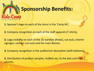 Sponsorship Benefits:

1. Sponsor's logo on each of the items in the 'Camp Kit',

2. Company recognition on each of the staff apparels (T-shirts),

3. Logo visibility on each of the 20 standies (flexes), cut-outs, interior
signages, cartoon cut-outs and the main Banner,

4. Company recognition in the auditorium decoration (with balloons),

5. Distribution of product samples, leaflets etc. to the kids and their
parents,
 