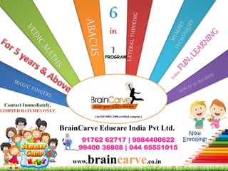 PROGRAM
BrainCarve Educare India Pvt Ltd.
(An ISO 9001:2008 certified company)
91762 62717 | 9884400622
99400 36808 | 044 65551015
www.braincarve.co.in
 
