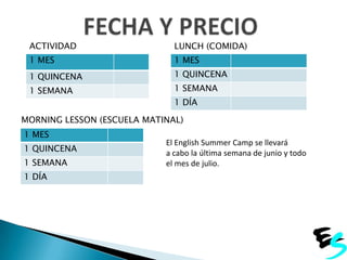 ACTIVIDAD

LUNCH (COMIDA)

1 MES

1 MES

1 QUINCENA

1 QUINCENA

1 SEMANA

1 SEMANA
1 DÍA

MORNING LESSON (ESCUELA MATINAL)
1 MES
1 QUINCENA
1 SEMANA
1 DÍA

El English Summer Camp se llevará
a cabo la última semana de junio y todo
el mes de julio.

 