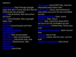 Options:
                                      Xtranormal: cloud NOT free, teacher
Slide Rocket: free through google     requested education rate
apps (we don’t have yet) but free for Goanimate: cloud, free limited but
individuals cloud based               education account for full controlled
Prezi: cloud based, free education    access
account                               Makebeliefscomix: free, cloud
Zoho: cloud based, also a google      ToonDoo: free, cloud
apps, free                            Pixton: free, cloud but education
Prezentit:                            account for full controlled access
Vcasmo: cloud based and free          PhototoMovie: limited free, full access
Powerpoint                            cost
Google Presentation                   Slideshow movie maker: open source
Keynote: Mac                          free
Slide roll: free cloud based          Screenr: cloud, free
Slide Share: free cloud based         Stupeflix: cloud, free for one, cost for
Photostory 3: Microsoft only, free    bulk
Smile box: Opensource, free           YouTube Video Editor: free cloud
Impress
Sound slides
Animoto: cloud free
 