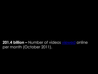 201.4 billion – Number of videos viewed online
per month (October 2011).
 