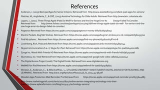•
•
•
•
•
•
•
•
•
•
•
•
•
•
•

References
Anderson, J. (2013) Best ipad Apps for Senior Citizens. Retrieved from http://www.assistedliving.com/best-ipad-apps-for-seniors/
Fletcher, M., Anghilante, C., & Cliff, (2013) Assistive Technology for Older Adults Retrieved from http://www/atrc.colostate.edu
Lappin, J., (2011). Three Things Apple iPads Do Well For Seniors and the One Huge Error Its
Design Failed To Consider.
Retrieved from
http://www.forbes.com/sites/joanlappin/2011/09/28/three-things-apple-ipads-do-well- for-seniors-and-theone-huge-error-its-design-failed-to-consider/
Pageonce Retrieved from https://itunes.apple.com/us/app/pageonce-money-bills/id285056092
Electric Pockets. Bug Me! Stickies. Retrieved from https://itunes.apple.com/us/app/bugme!-stickies-pro-ink-notepad/id361195700
Find My iphone… Retrieved from https://itunes.apple.com/us/app/find-my-iphone/id376101648?mt=8
Lowenberg, Rich, Postcards Retrieved from https://itunes.apple.com/ca/app/postcards-receiver/id504897244
Skype Communications S.a.r.l, Skype for iPad. Retrieved from https://itunes.apple.com/us/app/skype-for-ipad/id442012681
Zynga Inc. Words With Friends HD Retrieved from https://itunes.apple.com/us/app/words-with-friends-hd/id364140796
Skymobius, Inc. Vtok Retrieved from https://itunes.apple.com/us/app/vtok-google-talk-video-calls/id421102042

The Digital Access Project (2006). The Digital Divide. Retrieved from www.digitalaccess.org
WebMD for iPad Retrieved from https://itunes.apple.com/us/app/webmd-for-ipad/id373185673
Winston, S., Anderson, C., & Alford Jeffries, L., UTILIZING UNIVERSITY AND STUDENT DIGITAL DEVICES FOR TEACHING AND
LEARNING . Retrieved From http://iacis.org/ftpiis/Issue%202/248_iis_2013_34-38.pdf
Wooden Apps Production Med Reminder Pro Retrieved from

https://itunes.apple.com/us/app/med-reminder-pro/id375644685

http://www.marketingprofs.com/charts/2012/8217/online-seniors-integrating-technology-into-theirliveshttp://www.aplaceformom.com/blog/2013-9-3-technology-seniors/

 