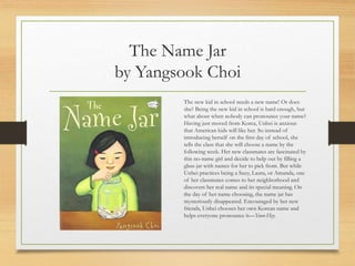 The Name Jar
by Yangsook Choi
The new kid in school needs a new name! Or does
she? Being the new kid in school is hard enough, but
what about when nobody can pronounce your name?
Having just moved from Korea, Unhei is anxious
that American kids will like her. So instead of
introducing herself on the first day of school, she
tells the class that she will choose a name by the
following week. Her new classmates are fascinated by
this no-name girl and decide to help out by filling a
glass jar with names for her to pick from. But while
Unhei practices being a Suzy, Laura, or Amanda, one
of her classmates comes to her neighborhood and
discovers her real name and its special meaning. On
the day of her name choosing, the name jar has
mysteriously disappeared. Encouraged by her new
friends, Unhei chooses her own Korean name and
helps everyone pronounce it—Yoon-Hey.
 