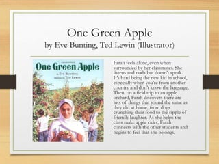 One Green Apple
by Eve Bunting, Ted Lewin (Illustrator)
Farah feels alone, even when
surrounded by her classmates. She
listens and nods but doesn’t speak.
It’s hard being the new kid in school,
especially when you’re from another
country and don’t know the language.
Then, on a field trip to an apple
orchard, Farah discovers there are
lots of things that sound the same as
they did at home, from dogs
crunching their food to the ripple of
friendly laughter. As she helps the
class make apple cider, Farah
connects with the other students and
begins to feel that she belongs.
 