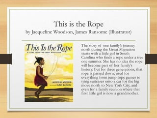 This is the Rope
by Jacqueline Woodson, James Ransome (Illustrator)
The story of one family’s journey
north during the Great Migration
starts with a little girl in South
Carolina who finds a rope under a tree
one summer. She has no idea the rope
will become part of her family’s
history. But for three generations, that
rope is passed down, used for
everything from jump rope games to
tying suitcases onto a car for the big
move north to New York City, and
even for a family reunion where that
first little girl is now a grandmother.
 