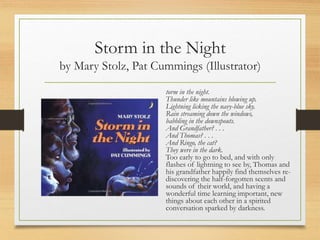 Storm in the Night
by Mary Stolz, Pat Cummings (Illustrator)
torm in the night.
Thunder like mountains blowing up.
Lightning licking the navy-blue sky.
Rain streaming down the windows,
babbling in the downspouts.
And Grandfather? . . .
And Thomas? . . .
And Ringo, the cat?
They were in the dark.
Too early to go to bed, and with only
flashes of lightning to see by, Thomas and
his grandfather happily find themselves re-
discovering the half-forgotten scents and
sounds of their world, and having a
wonderful time learning important, new
things about each other in a spirited
conversation sparked by darkness.
 