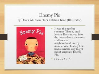 Enemy Pie
by Derek Munson, Tara Calahan King (Illustrator)
• It was the perfect
summer. That is, until
Jeremy Ross moved into
the house down the street
and became
neighborhood enemy
number one. Luckily Dad
had a surefire way to get
rid of enemies: Enemy
Pie.
• Grades 3 to 5
 