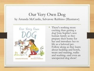 Our Very Own Dog
by Amanda McCardie, Salvatore Rubbino (Illustrator)
• There's nothing more
exciting than getting a
dog! Join Sophie's new
human family as they
prepare their home for
her and introduce her to
life as a beloved pet.
Follow along as they learn
about bedding and bowls,
treats and training, walks
and washing--and even an
unexpected dog show!
 