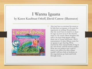 I Wanna Iguana
by Karen Kaufman Orloff, David Catrow (Illustrator)
• Alex just has to convince his mom to
let him have an iguana, so he puts his
arguments in writing. He promises
that she won't have to feed it or clean
its cage or even see it if she doesn't
want to. Of course Mom imagines life
with a six-foot-long iguana eating
them out of house and home. Alex's
reassurances: It takes fifteen years for
an iguana to get that big. I'll be
married by then and probably living in
my own house. and his mom's replies:
How are you going to get a girl to
marry you when you own a giant
reptile? will have kids in hysterics as
the negotiations go back and forth
through notes.
 