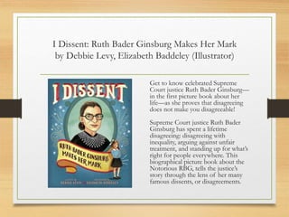 I Dissent: Ruth Bader Ginsburg Makes Her Mark
by Debbie Levy, Elizabeth Baddeley (Illustrator)
Get to know celebrated Supreme
Court justice Ruth Bader Ginsburg—
in the first picture book about her
life—as she proves that disagreeing
does not make you disagreeable!
Supreme Court justice Ruth Bader
Ginsburg has spent a lifetime
disagreeing: disagreeing with
inequality, arguing against unfair
treatment, and standing up for what’s
right for people everywhere. This
biographical picture book about the
Notorious RBG, tells the justice’s
story through the lens of her many
famous dissents, or disagreements.
 
