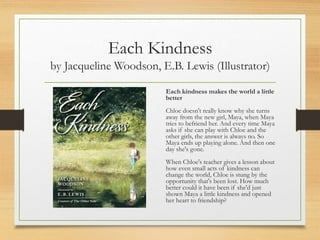 Each Kindness
by Jacqueline Woodson, E.B. Lewis (Illustrator)
Each kindness makes the world a little
better
Chloe doesn't really know why she turns
away from the new girl, Maya, when Maya
tries to befriend her. And every time Maya
asks if she can play with Chloe and the
other girls, the answer is always no. So
Maya ends up playing alone. And then one
day she's gone.
When Chloe's teacher gives a lesson about
how even small acts of kindness can
change the world, Chloe is stung by the
opportunity that's been lost. How much
better could it have been if she'd just
shown Maya a little kindness and opened
her heart to friendship?
 
