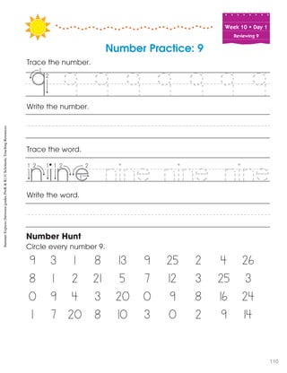 Week฀10฀•฀Day฀1
Reviewing 9
Number Practice: 9
Trace the number.
Trace the word.
Write the word.
Number Hunt
Circle every number 9.
9 3 1 8 13 9 25 2 4 26
8 1 2 21 5 7 12 3 25 3
0 9 4 3 20 0 9 8 16 24
1 7 20 8 10 3 0 2 9 14
Write the number.
9 9 9 9 9 9 9i
nine nine nine
SummerExpress(betweengradesPreK&K)©ScholasticTeachingResources
110
 