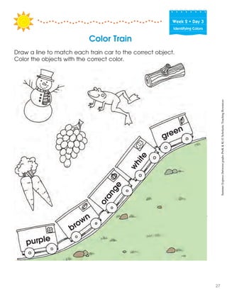 Week฀2฀•฀Day฀3
Identifying Colors
Color Train
Draw a line to match each train car to the correct object.
Color the objects with the correct color.
purple
brown
orange
w
hite
green
SummerExpress(betweengradesPreK&K)©ScholasticTeachingResources
27
 
