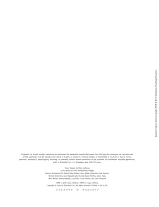 Scholastic Inc. grants teachers permission to photocopy the designated reproducible pages from this book for classroom use. No other part
of this publication may be reproduced in whole or in part, or stored in a retrieval system, or transmitted in any form or by any means,
electronic, mechanical, photocopying, recording, or otherwise, without written permission of the publisher. For information regarding permission,
write to Scholastic Inc., 557 Broadway, New York, NY 10012.
Cover design by Brian LaRossa
Cover photo by Ariel Skelley/Getty Images
Interior illustrations by Robert Alley, Abbey Carter, Maxie Chambliss, Sue Dennen,
Shelley Dieterichs, Jane Dippold, Julie Durrell, Rusty Fletcher, James Hale,
Mike Moran, Sherry Neidigh, Cary Pillo, Carol Tiernon, and Lynn Vineyard
ISBN-13 978-0-545-22689-9 / ISBN-10 0-545-22689-9
Copyright © 2010 by Scholastic Inc. All rights reserved. Printed in the U.S.A.
1 2 3 4 5 6 7 8 9 10 40 16 15 14 13 12 11 10
SummerExpress(betweengradesPreK&K)©ScholasticTeachingResources
 