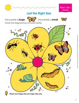 Week฀3฀•฀Day฀1
Opposites
Just the Right Size
This butterfly is large. This butterfly is small.
Circle the large picture on each petal.
Name two things that are larger than you.
SummerExpress(betweengradesPreK&K)©ScholasticTeachingResources
42
 