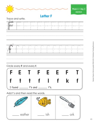 Week฀4฀•฀Day฀3
Alphabet
F E T F E E F T
f t t f l f k f
I found F’s and f’s.
Circle every F and every f.
Trace and write.
ish ork
Add f’s and then read the words.
Letter F
eather
SummerExpress(betweengradesPreK&K)©ScholasticTeachingResources
49
 
