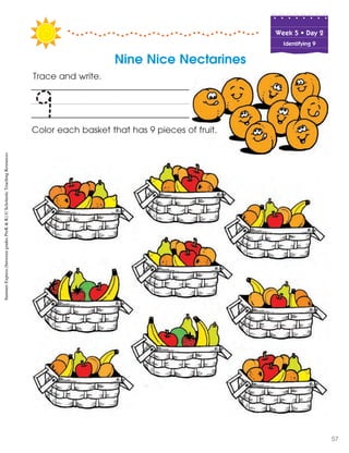Week฀5฀•฀Day฀2
Identifying 9
Nine Nice Nectarines
Trace and write.
9Color each basket that has 9 pieces of fruit.
SummerExpress(betweengradesPreK&K)©ScholasticTeachingResources
57
 