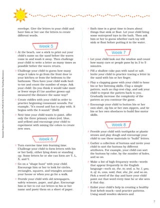 envelope. Give the letters to your child and
have him or her use the letters to create
different words.
At the beach, use a stick to print out your
child’s name on the sand before the waves
come in and wash it away. Then challenge
your child to write a letter as many times as
possible before the waves return.
Challenge your child to guess how many
steps it takes to go from the front door to
your kitchen or from the bedroom to the
bathroom. Then have your child walk heel-
to-toe and count the number of steps. Ask
your child: Do you think it would take more
or fewer steps if I (or another grown-up)
measured the distance the same way?
Create riddles with your child in order to
practice beginning consonant sounds. For
example, “It’s round and fun to play with. It
begins with the b sound.” (Ball)
Next time your child wants to paint, offer
only the three primary colors (red, blue,
and yellow) and encourage your child to
experiment with mixing the colors to create
new ones.
Turn exercise time into learning time.
Challenge your child to form letters with his
or her body, either lying down or standing
up. Some letters he or she can form are T, L,
X, and Y.
Go on a “shape hunt” with your child.
Encourage him or her to look for circles,
rectangles, squares, and triangles around
your house or when you go for a walk.
Provide your child with old newspapers,
safety scissors, paper, and glue. Encourage
him or her to cut out letters in his or her
name and paste them on a sheet of paper.
Bath time is a great time to learn about
things that sink or float. Let your child bring
some waterproof toys in the bath. Then ask
him or her to guess whether each toy will
sink or float before putting it in the water.
Let your child look out the window and count
how many cars or people pass by in 3 to 5
minutes.
Fill a shallow cake pan with sand or salt.
Invite your child to practice tracing a letter in
the sand with his or her finger.
Play a clapping game with your child to hone
his or her listening skills. Clap a simple
pattern, such as clap-rest-clap, and ask your
child to repeat the pattern back to you.
Gradually increase the complexity of the
pattern as you continue the game.
Encourage your child to button his or her
own shirt, zip his or her own zippers, and tie
his or her own shoelaces to build fine-motor
skills.
Provide your child with toothpicks or plastic
straws and play dough and encourage your
child to use these materials to “build” letters.
Gather a collection of buttons and invite your
child to sort the buttons by different
attributes. For example, your child can sort
the buttons by color, by the number of holes,
and so on.
Make a list of high-frequency words—words
that appear frequently in the English
language—such as, the, to, and, a, he, I, you,
it, of, in, was, said, that, she, for, and so on.
Pick a word of the day and have your child
point out that word every time he or she sees
it that day.
Enlist your child’s help in creating a healthy
fruit kebob snack—and practice patterns.
Using small wooden skewers and
Week 5
Week 7
Week 8
Week 6
SummerExpress(betweengradesPreK&K)©ScholasticTeachingResources
7
 