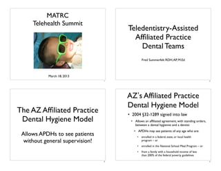 MATRC
Telehealth Summit

Teledentistry-Assisted
Afﬁliated Practice
Dental Teams
Fred Summerfelt RDH, AP, M.Ed

March 18, 2013
1

2

AZ’s Affiliated Practice
Dental Hygiene Model

The AZ Afﬁliated Practice
Dental Hygiene Model

• 2004 §32-1289 signed into law
• Allows an affiliated agreement, with standing orders,
between a dental hygienist and a dentist
• APDHs may see patients of any age who are:

Allows APDHs to see patients
without general supervision!

•
•

enrolled in the National School Meal Program – or

•

3

enrolled in a federal, state, or local health
program – or

from a family with a household income of less
than 200% of the federal poverty guidelines
4

 