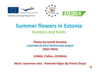 Summer flowers in Estonia 
Gardens and fields 
Photos by Leonid Smulskiy 
Leonardo da Vinci Partnership project 
(2012-2014) 
EURIKA (Tallinn, ESTONIA) 
Music: Saaremaa valss - Raimond Valgre (by Francis Goya) 
 