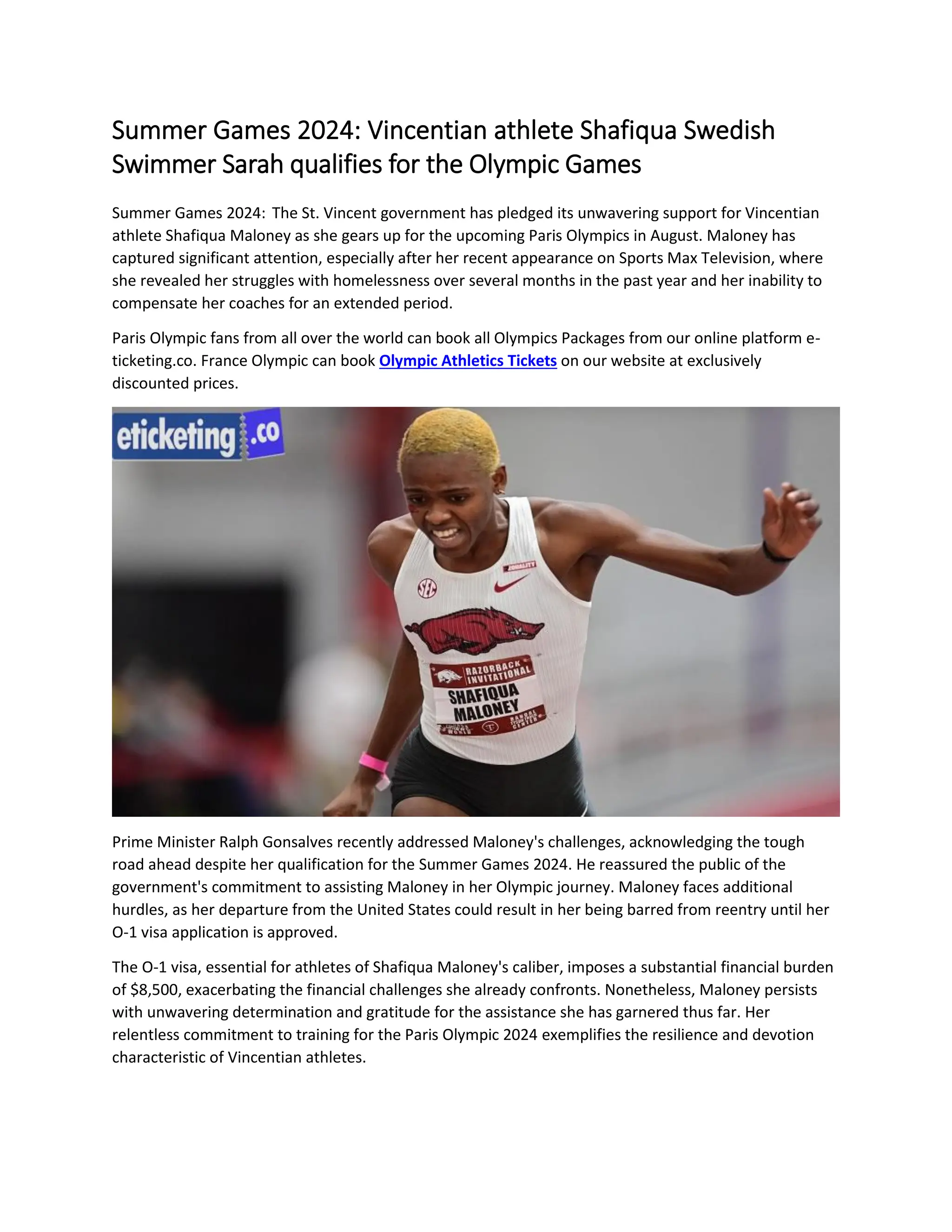 Summer Games 2024 Vincentian athlete Shafiqua Swedish Swimmer Sarah