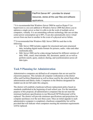 High School            File/Print Server #4* - provides for shared
                       resources, stores all the user files and software
                       applications.

* It is recommended that Windows Server 2008 be used as Hyper-V (or
hypervisor) is a no-cost addition to Windows Server 2008 that allows you to
optimize a single server so that it is able to do the work of multiple server
computers, virtually. It is an astonishing software technology that can cut data
center power consumption up to 80%. It can also automatically move virtual
servers from one host to another in the event of a physical server failure.

** It recommended that Windows SQL Server 2008 be used due to the
following:
    • SQL Server 2008 includes support for structured and semi-structured
        data, including digital media formats for pictures, audio, video and other
        multimedia data.
    • SQL Server 2008 can be a data storage backend for different varieties of
        data: XML, email, time/calendar, file, document, spatial, etc as well as
        perform search, query, analysis sharing, and synchronization across all
        data types.



Task 9 Planning for Administration
Administrative computers are defined as all computers that are not used for
classroom purposes. This includes all computer workstations at the district
office and Facilities Department as well as those used by the school front office
administration and library clerks. Computers in the libraries designated for
student use do not fall under this category.

The district will establish a hardware/software replacement policy based on
standards established at the beginning of each school year. For the immediate
purpose of this proposal, all administrative computers that do not meet the
minimum hardware specifications to run Microsoft XP Professional will be
replaced. The district will provide minimum specifications and projections for
computer purchases over the next three years. Once an initial upgrade to each
administrative computer is completed, a hardware compatibility list will be
provided that will indicate when computers meeting the minimum requirements
will be replaced.
 