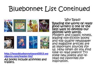 Bluebonnet List Continued
http://texasbluebonnetaward2013.wo
rdpress.com/master-list/
All books include activities and
trailers.
Why Read?
Reading the works of really
good writers is one of the
best ways to develop our
abilities with words.
Modern and classic novels,
leading non-fiction books
and top quality newspaper
and magazine articles are
all important sources for
us. How often do you find
time to read poetry? Try
some new poems and re-
read old favorites for
inspiration.
 